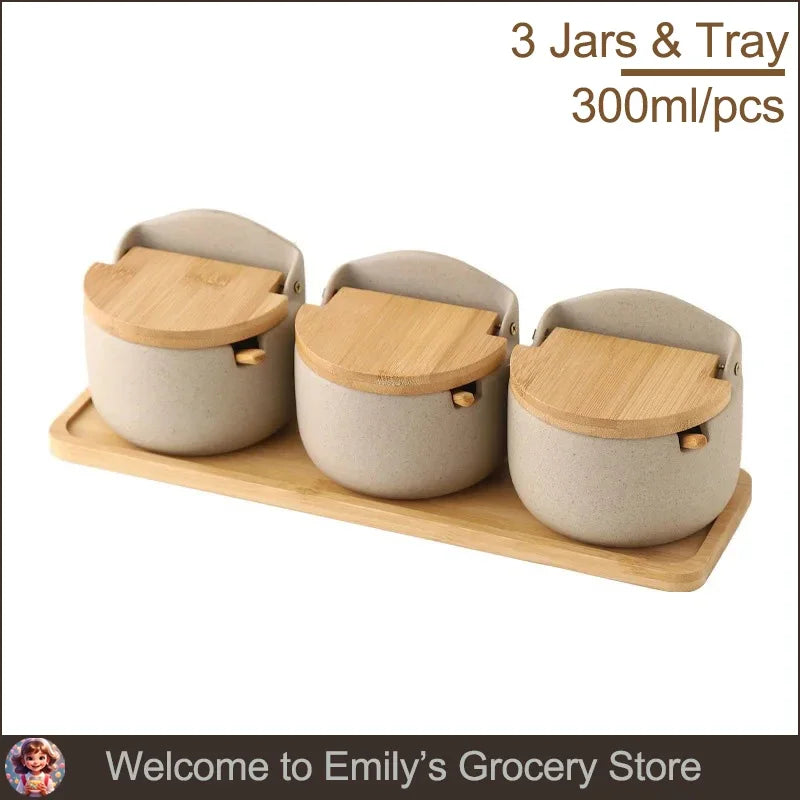 300Ml Ceramic Spices Jars Set and Tray with Spoon and Lid Sugar Container Pepper Salt Mini Portable Condiment Box Seasoning Jars