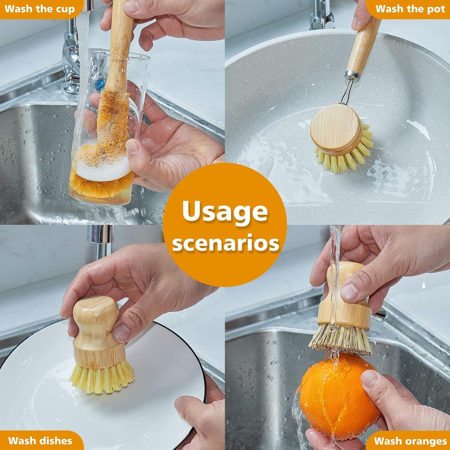 4 Piece Bamboo Dish Brush Set with Coconut Sponge - Wooden Dish Brush with Sisal and Palm Fiber, Natural Bamboo Dish Scrub Brush for Kitchen Cleaning Dishes, Pots, Pans, Bottles, Vegetables (Copy)