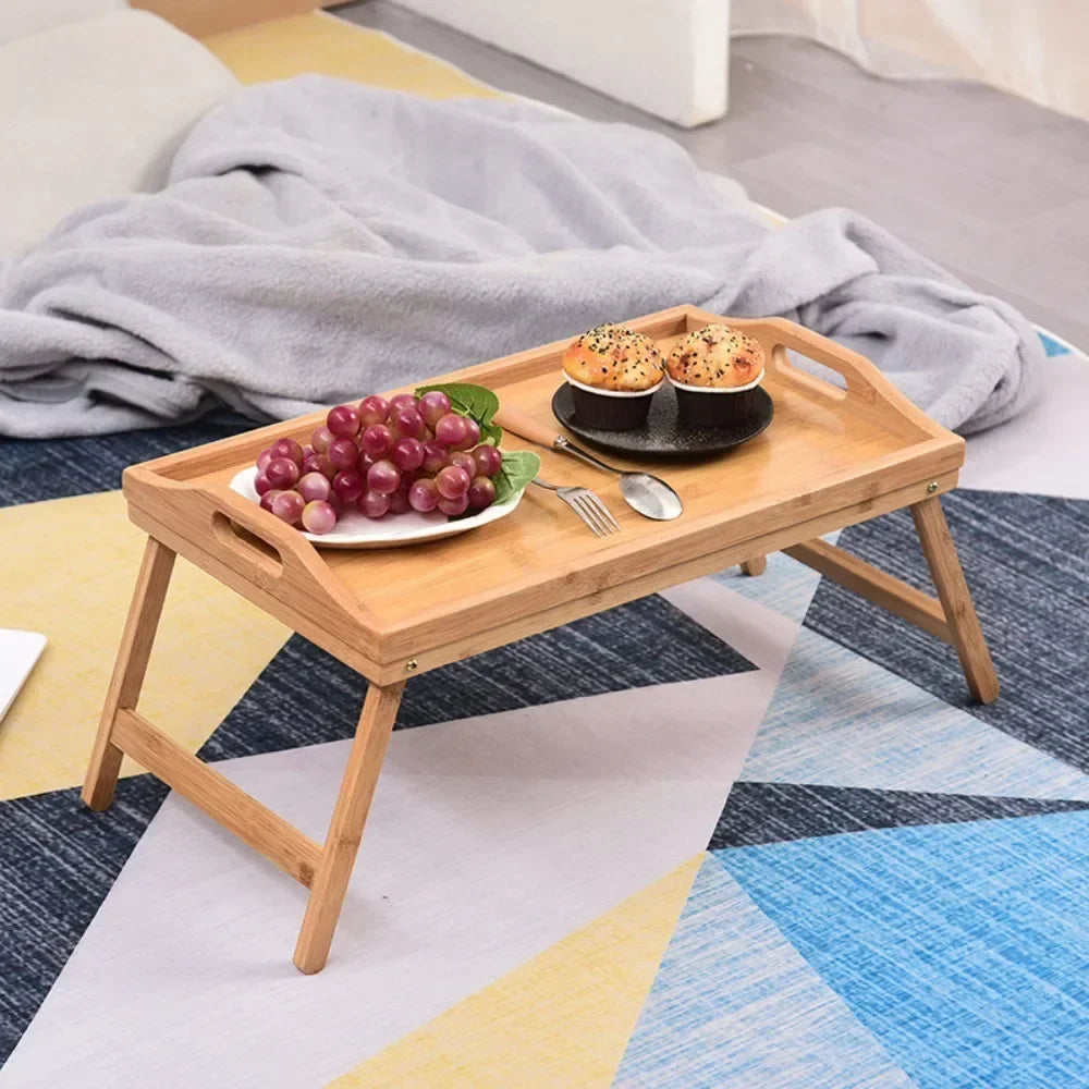 Bamboo Bed Tray with Folding Legs Portable Breakfast Table for Bed, Laptop & Tablet Stand, Foldable Snack Tray with Handles for Recliner, Eating, Working, & Serving
