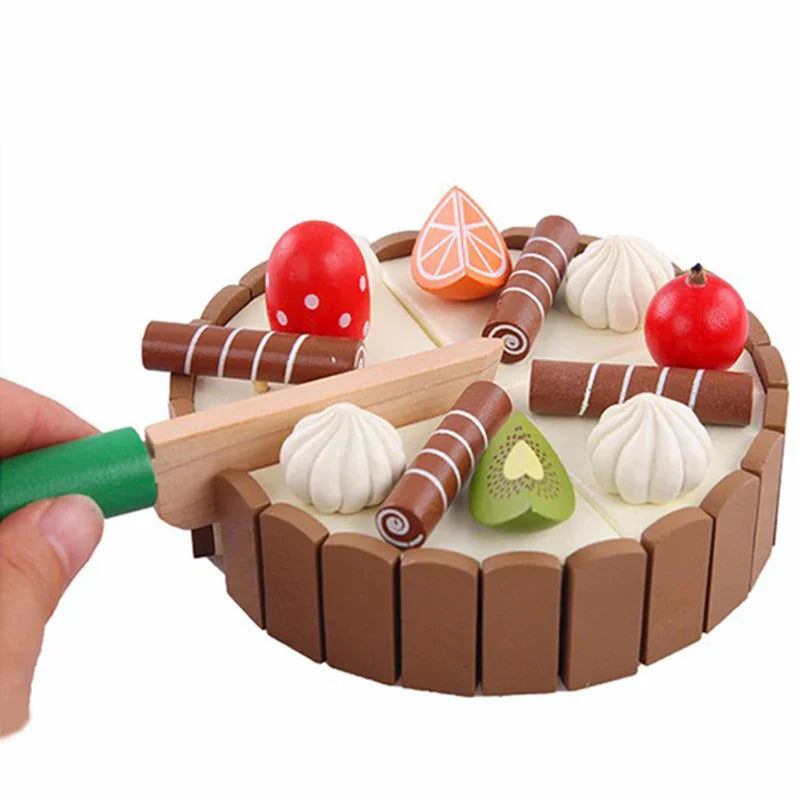 Birthday Cake Cutting Toys, Wooden Play Food Set for Kids Toddlers, Pretend Play Kitchen Toys for Boys Girls