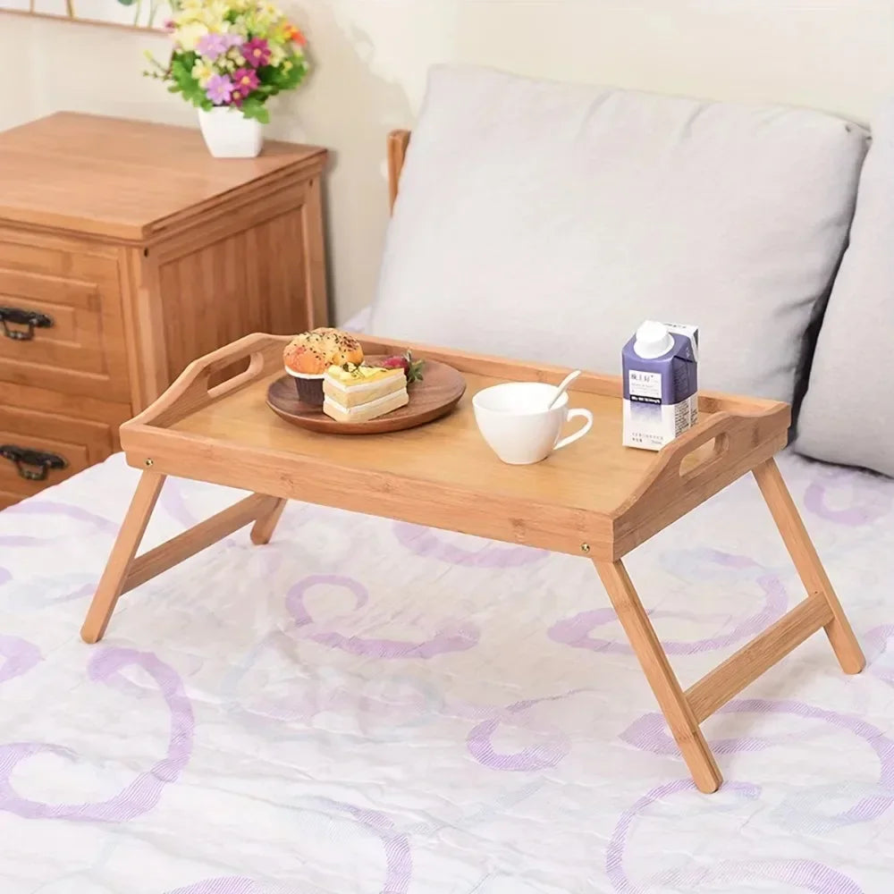 Bamboo Bed Tray with Folding Legs Portable Breakfast Table for Bed, Laptop & Tablet Stand, Foldable Snack Tray with Handles for Recliner, Eating, Working, & Serving