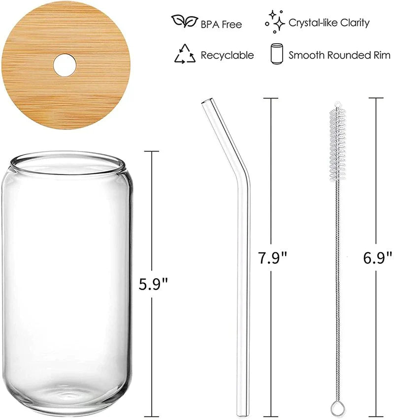 4Pcs/Set of Glasses with Straws 470Ml Straw Beer Mugs with Wooden Lid Reusable Iced Coffee Juice Cups with Straw Brush