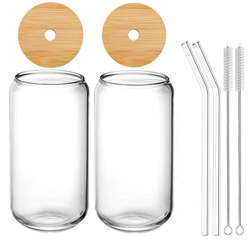4Pcs/Set of Glasses with Straws 470Ml Straw Beer Mugs with Wooden Lid Reusable Iced Coffee Juice Cups with Straw Brush