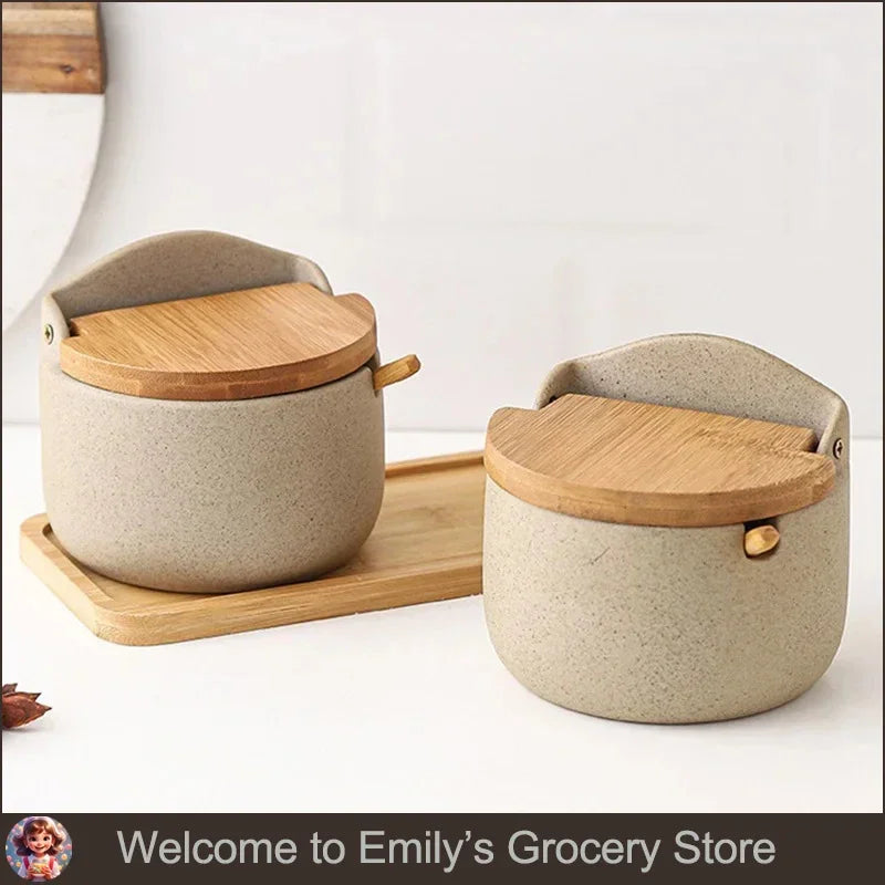 300Ml Ceramic Spices Jars Set and Tray with Spoon and Lid Sugar Container Pepper Salt Mini Portable Condiment Box Seasoning Jars