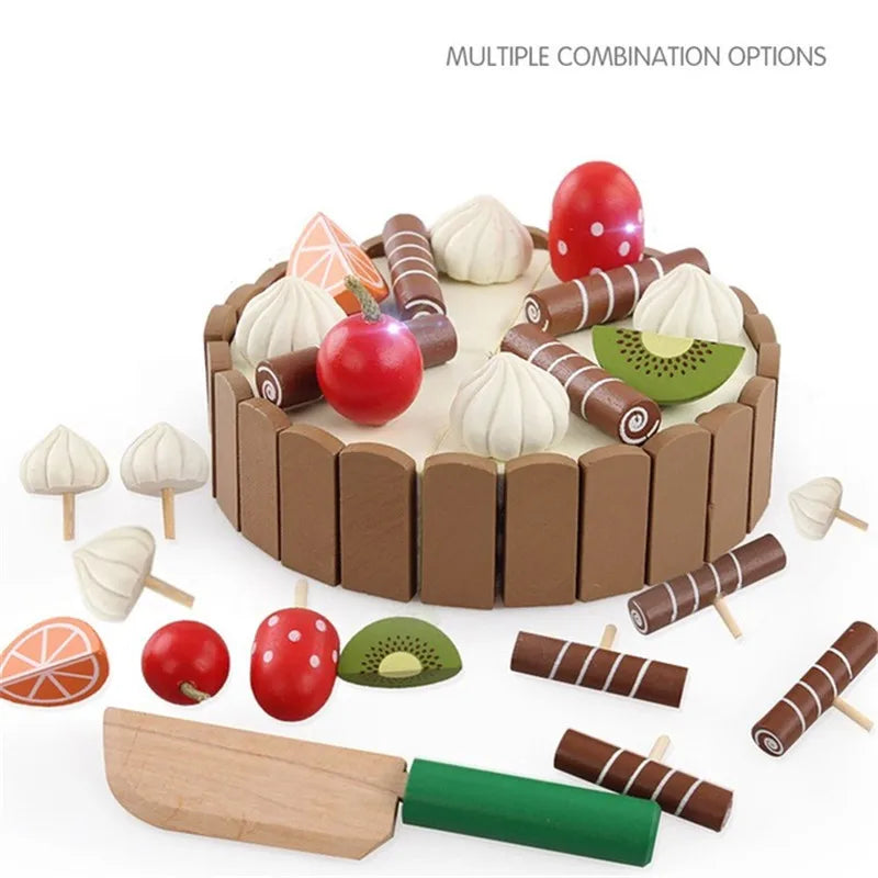 Birthday Cake Cutting Toys, Wooden Play Food Set for Kids Toddlers, Pretend Play Kitchen Toys for Boys Girls