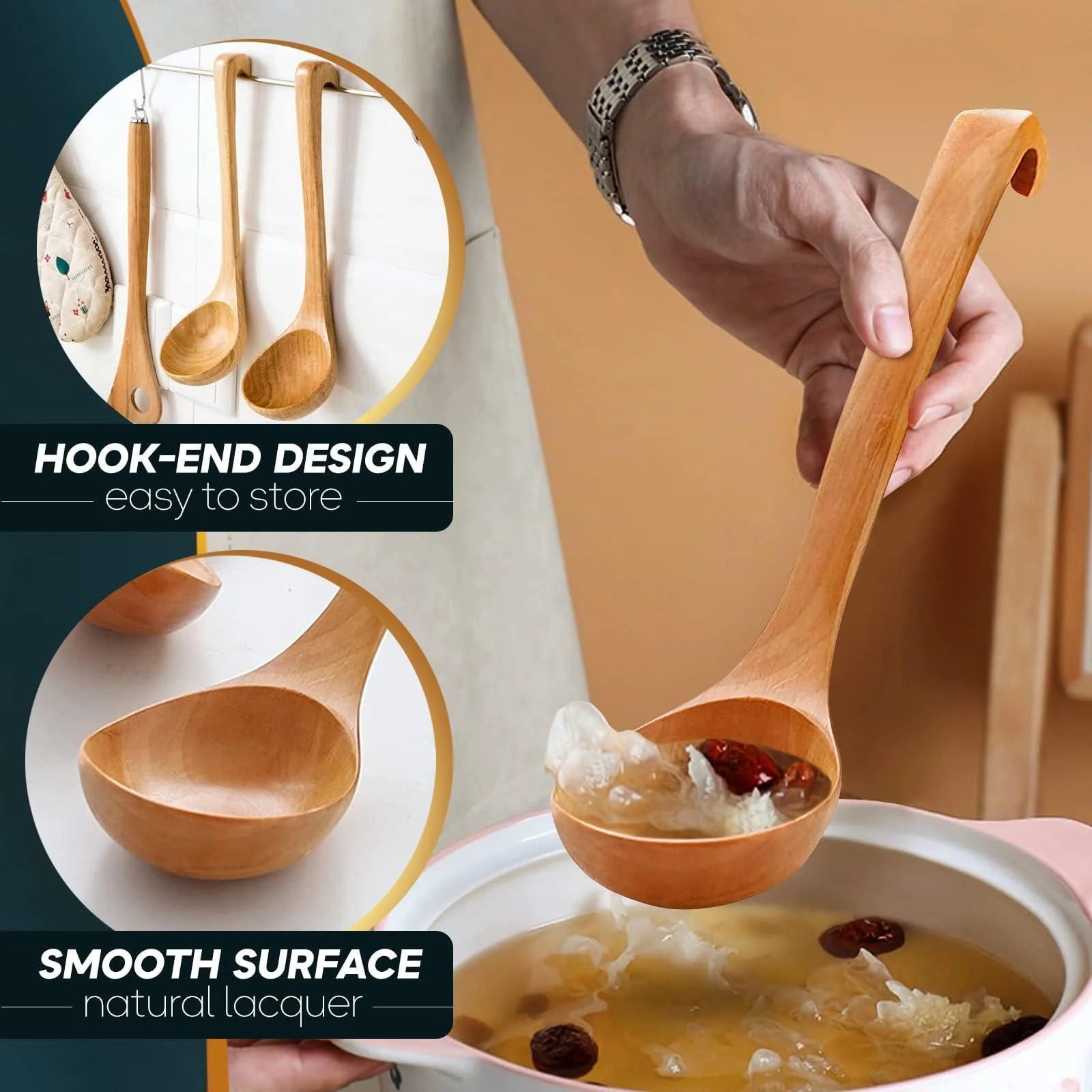 Bamboo Soup Ladle – Wooden Serving Spoon with Long Handle – Olive Wood Cooking Utensil – Durable & Natural Kitchen Tool