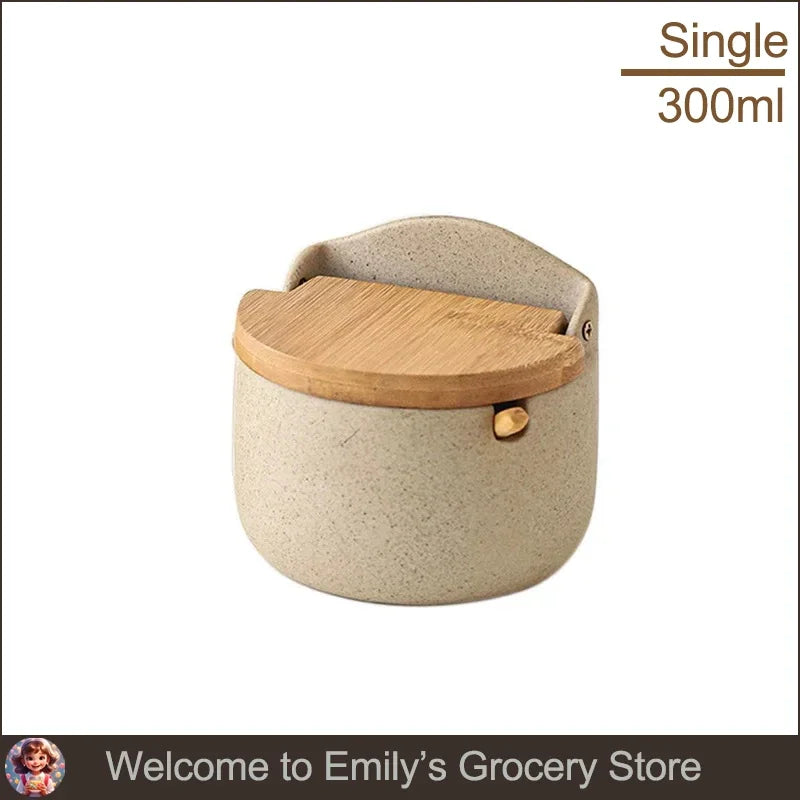 300Ml Ceramic Spices Jars Set and Tray with Spoon and Lid Sugar Container Pepper Salt Mini Portable Condiment Box Seasoning Jars