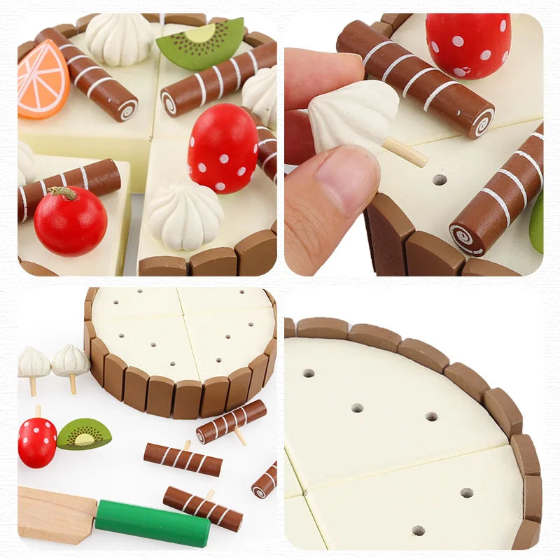 Birthday Cake Cutting Toys, Wooden Play Food Set for Kids Toddlers, Pretend Play Kitchen Toys for Boys Girls