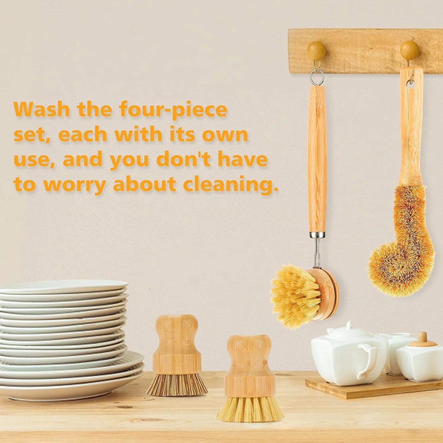 4 Piece Bamboo Dish Brush Set with Coconut Sponge - Wooden Dish Brush with Sisal and Palm Fiber, Natural Bamboo Dish Scrub Brush for Kitchen Cleaning Dishes, Pots, Pans, Bottles, Vegetables (Copy)