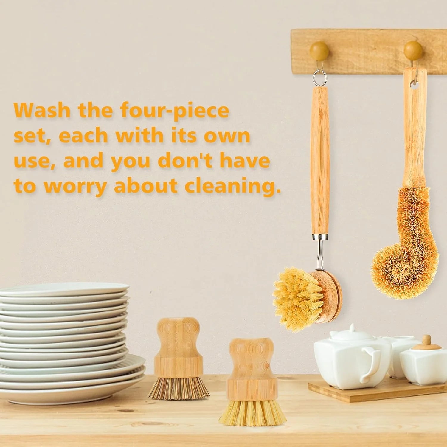 4 Piece Bamboo Dish Brush Set with Coconut Sponge - Wooden Dish Brush with Sisal and Palm Fiber, Natural Bamboo Dish Scrub Brush for Kitchen Cleaning Dishes, Pots, Pans, Bottles, Vegetables (Copy)