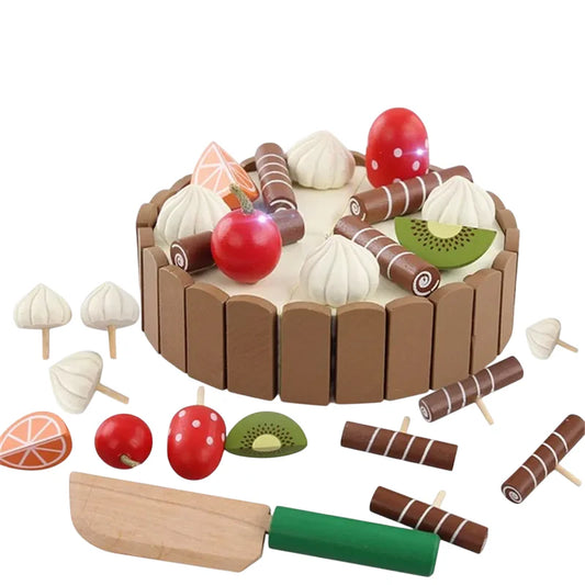 Birthday Cake Cutting Toys, Wooden Play Food Set for Kids Toddlers, Pretend Play Kitchen Toys for Boys Girls