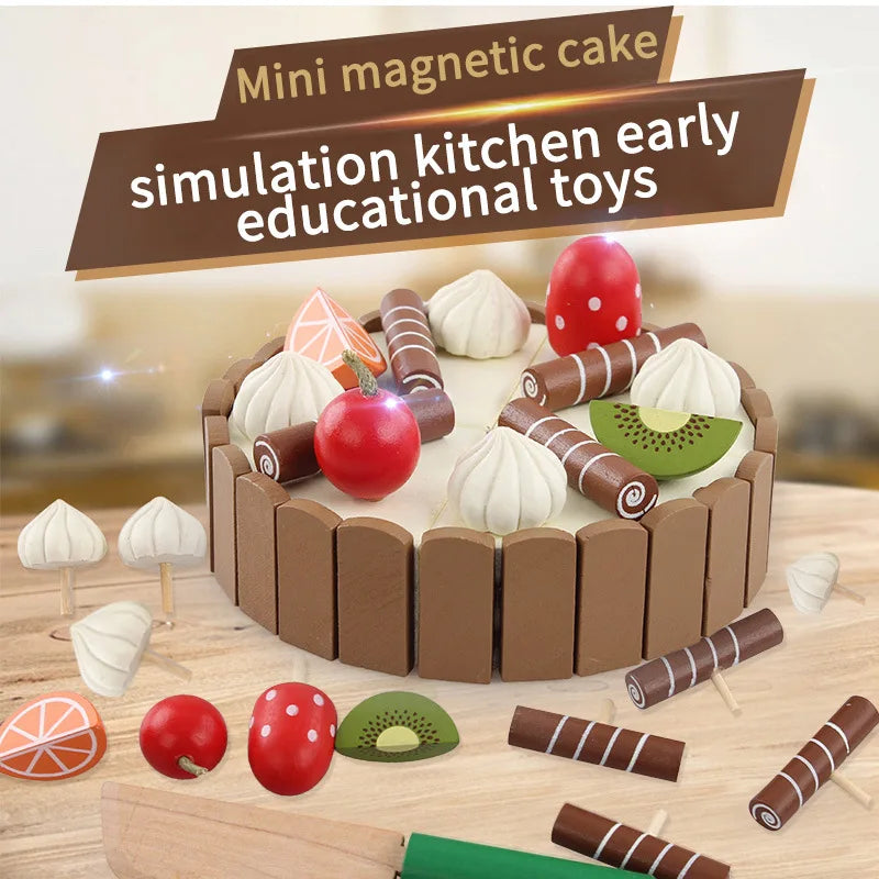 Birthday Cake Cutting Toys, Wooden Play Food Set for Kids Toddlers, Pretend Play Kitchen Toys for Boys Girls