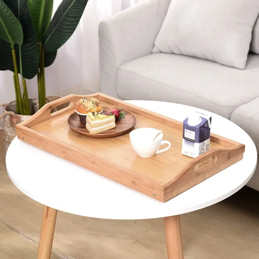 Bamboo Bed Tray with Folding Legs Portable Breakfast Table for Bed, Laptop & Tablet Stand, Foldable Snack Tray with Handles for Recliner, Eating, Working, & Serving