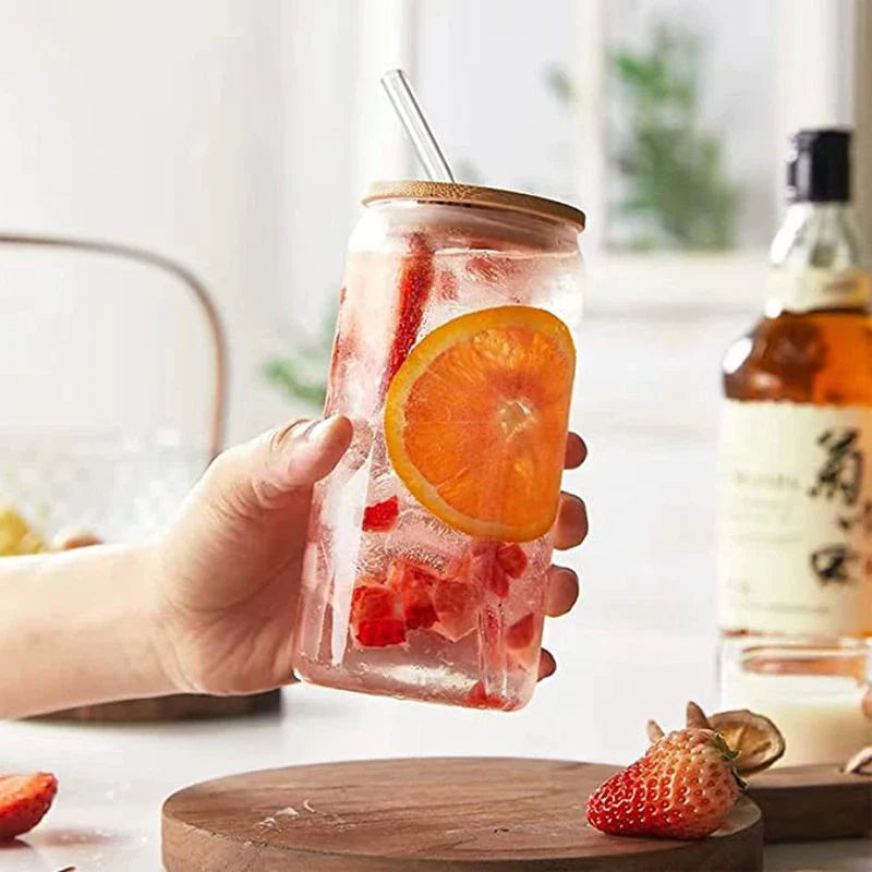 4Pcs/Set of Glasses with Straws 470Ml Straw Beer Mugs with Wooden Lid Reusable Iced Coffee Juice Cups with Straw Brush