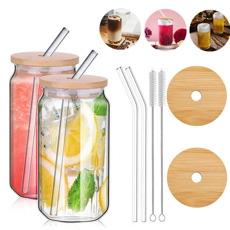 4Pcs/Set of Glasses with Straws 470Ml Straw Beer Mugs with Wooden Lid Reusable Iced Coffee Juice Cups with Straw Brush