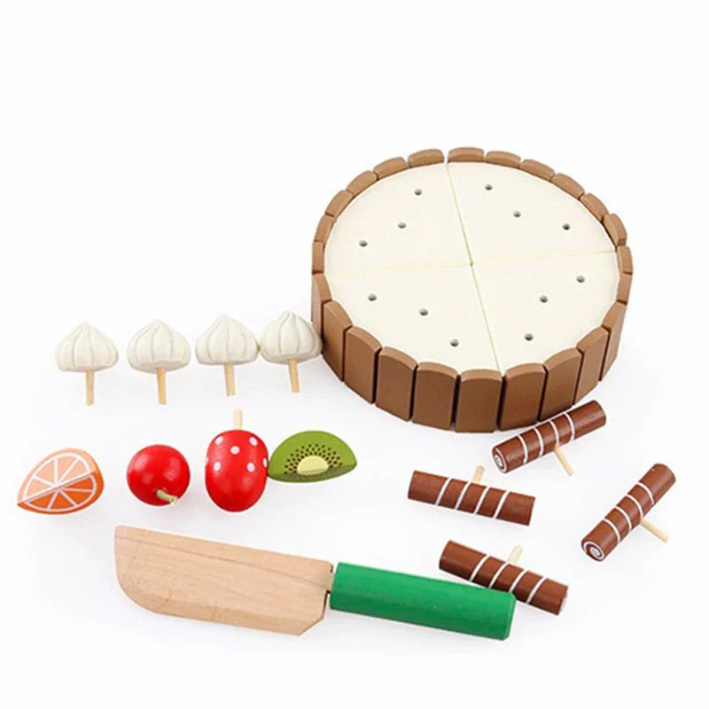 Birthday Cake Cutting Toys, Wooden Play Food Set for Kids Toddlers, Pretend Play Kitchen Toys for Boys Girls