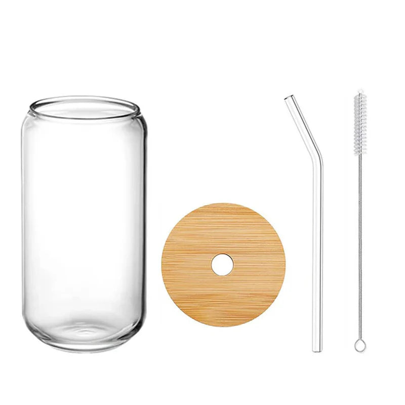 4Pcs/Set of Glasses with Straws 470Ml Straw Beer Mugs with Wooden Lid Reusable Iced Coffee Juice Cups with Straw Brush