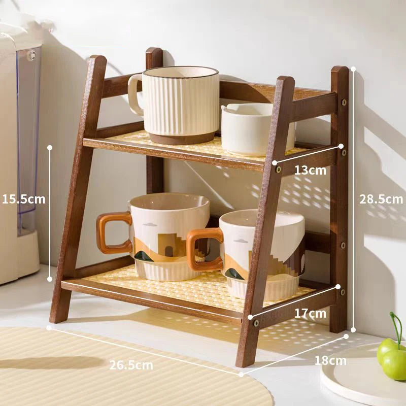 Household 2-Tier Cup Shelf Organizer, Kitchen Counter Shelf for Tea Coffee Bar Accessories, Bamboo Mug Holder Countertop, Matcha Stand, Cup Display, Condiment Storage Rack - Natural