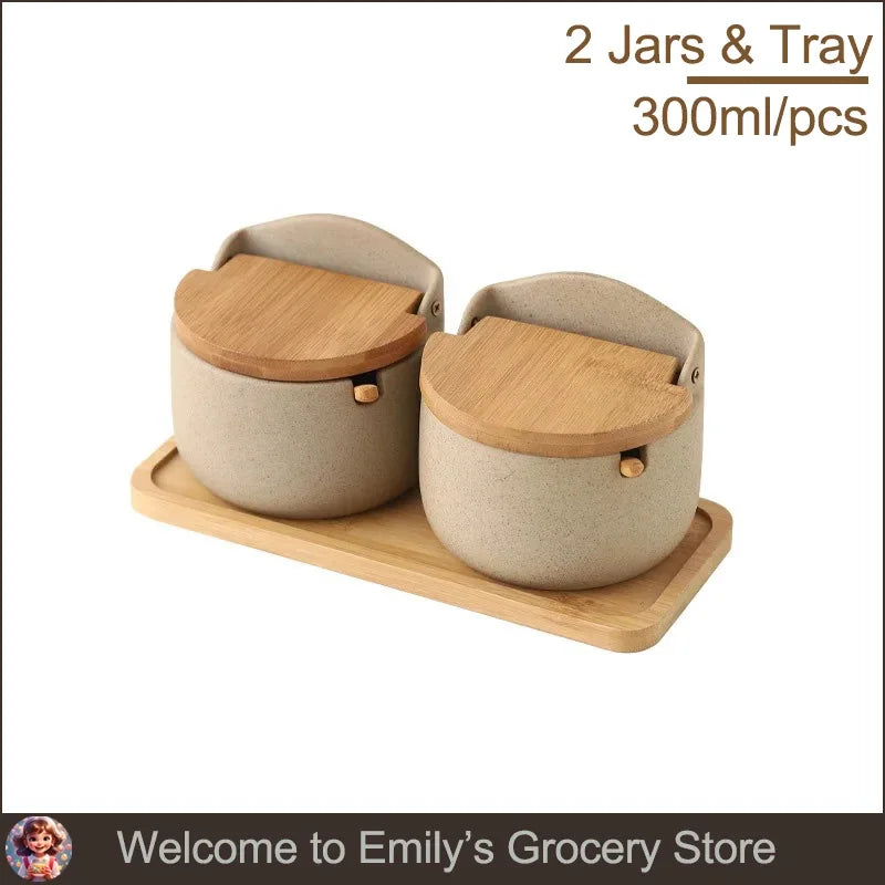 300Ml Ceramic Spices Jars Set and Tray with Spoon and Lid Sugar Container Pepper Salt Mini Portable Condiment Box Seasoning Jars