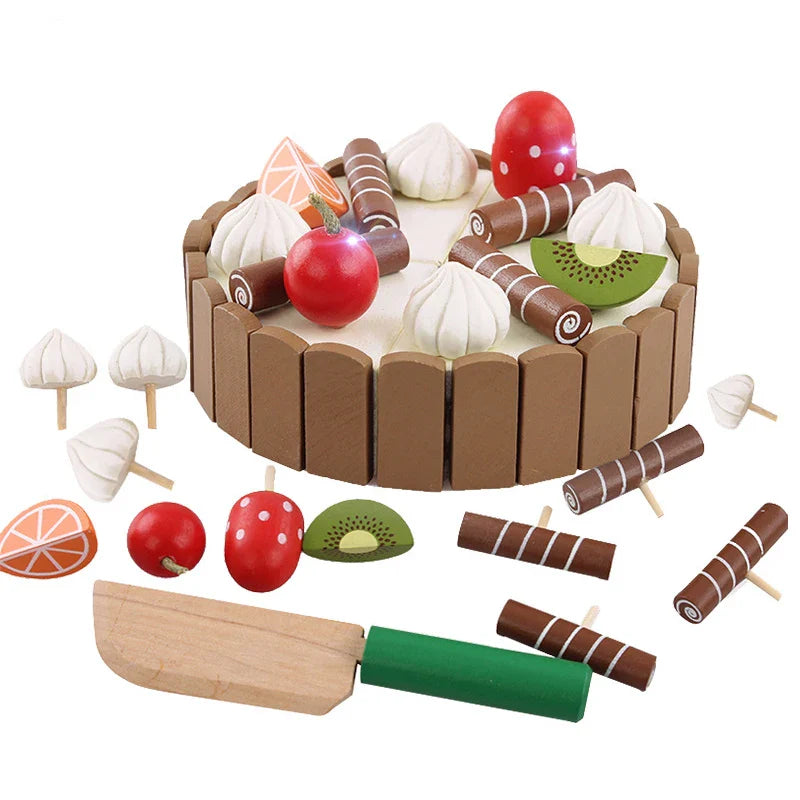 Birthday Cake Cutting Toys, Wooden Play Food Set for Kids Toddlers, Pretend Play Kitchen Toys for Boys Girls