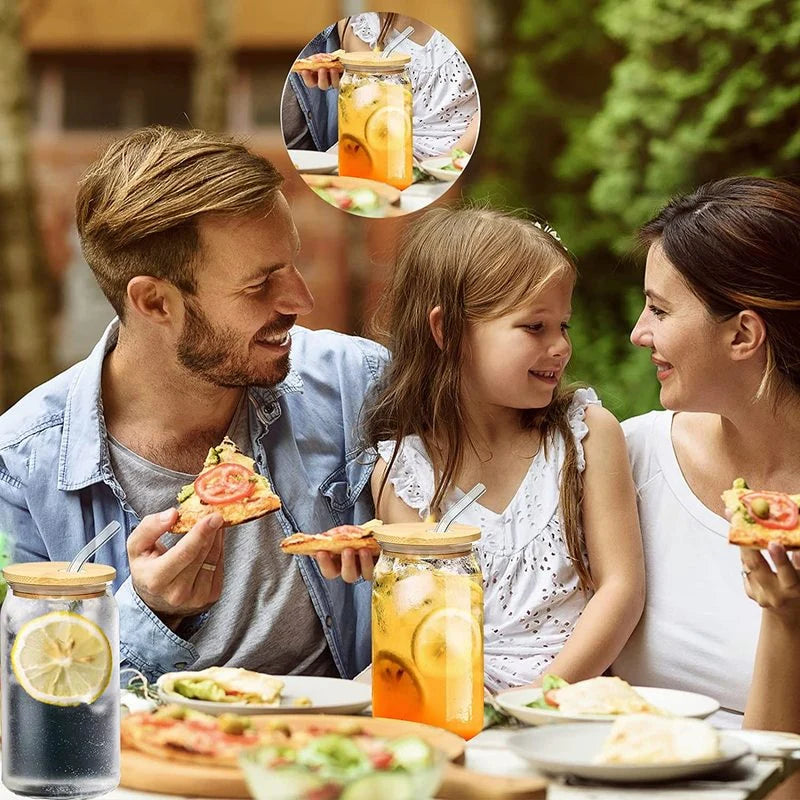 4Pcs/Set of Glasses with Straws 470Ml Straw Beer Mugs with Wooden Lid Reusable Iced Coffee Juice Cups with Straw Brush